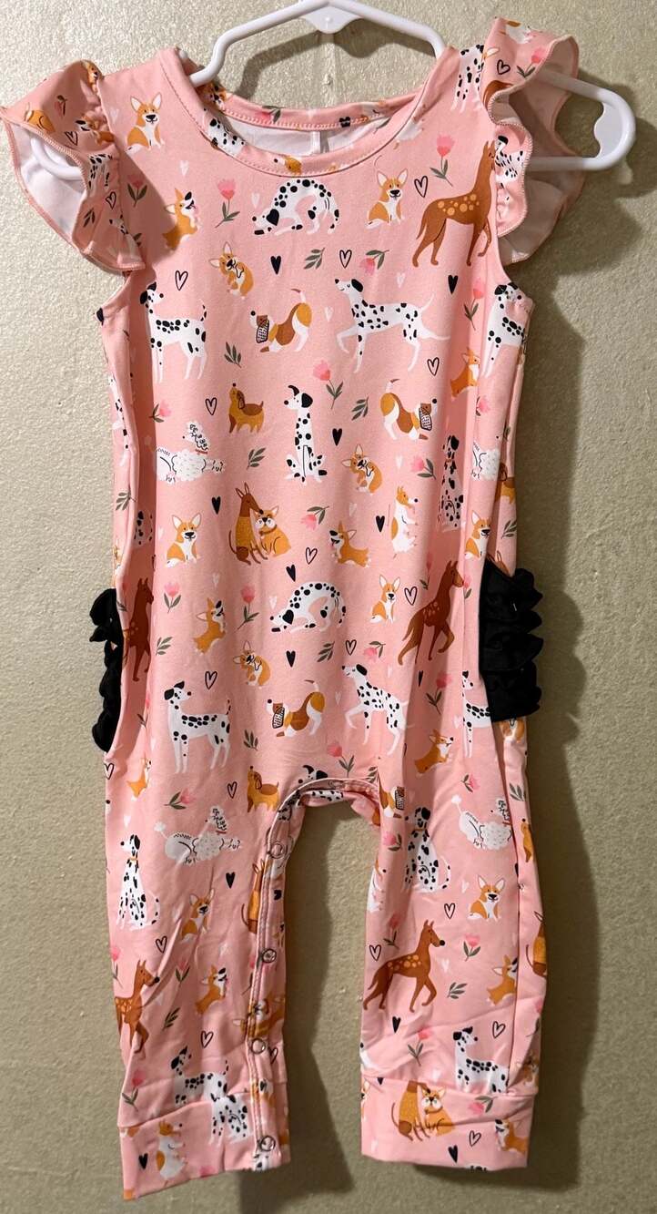Pete+Lucy Pink Dogs and Puppies Print Ruffled Romper